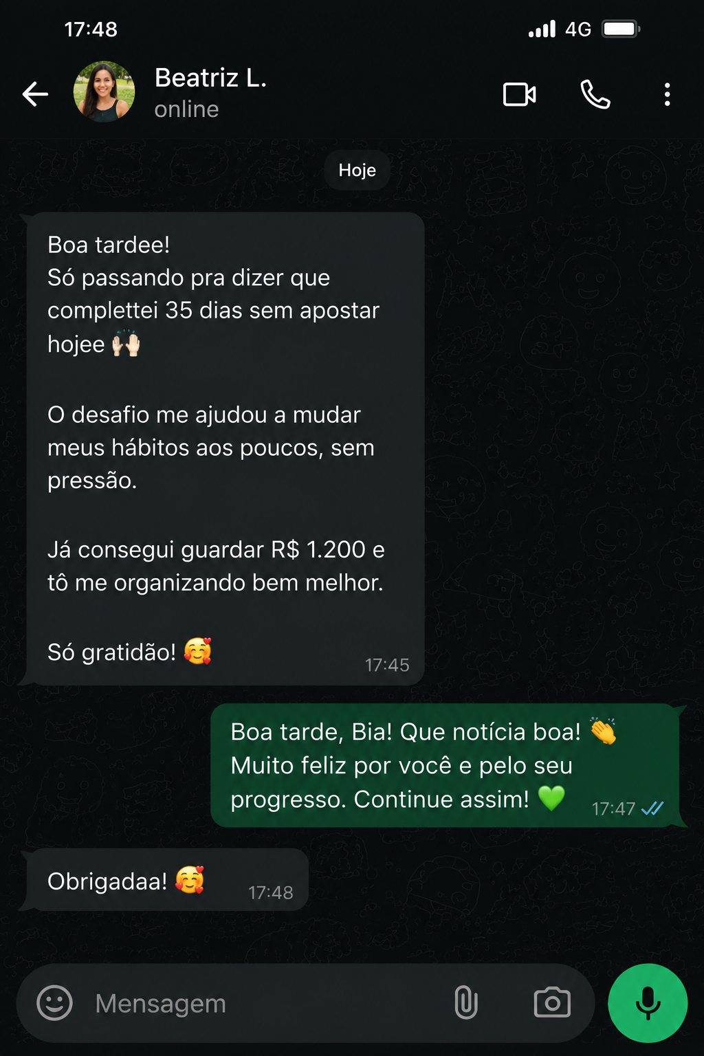 Depoimento de Beatriz L. via WhatsApp
