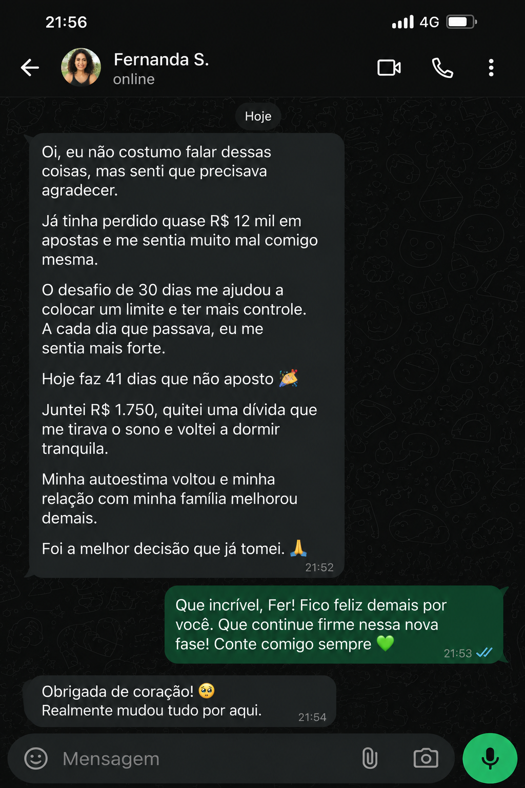Depoimento de Fernanda S. via WhatsApp