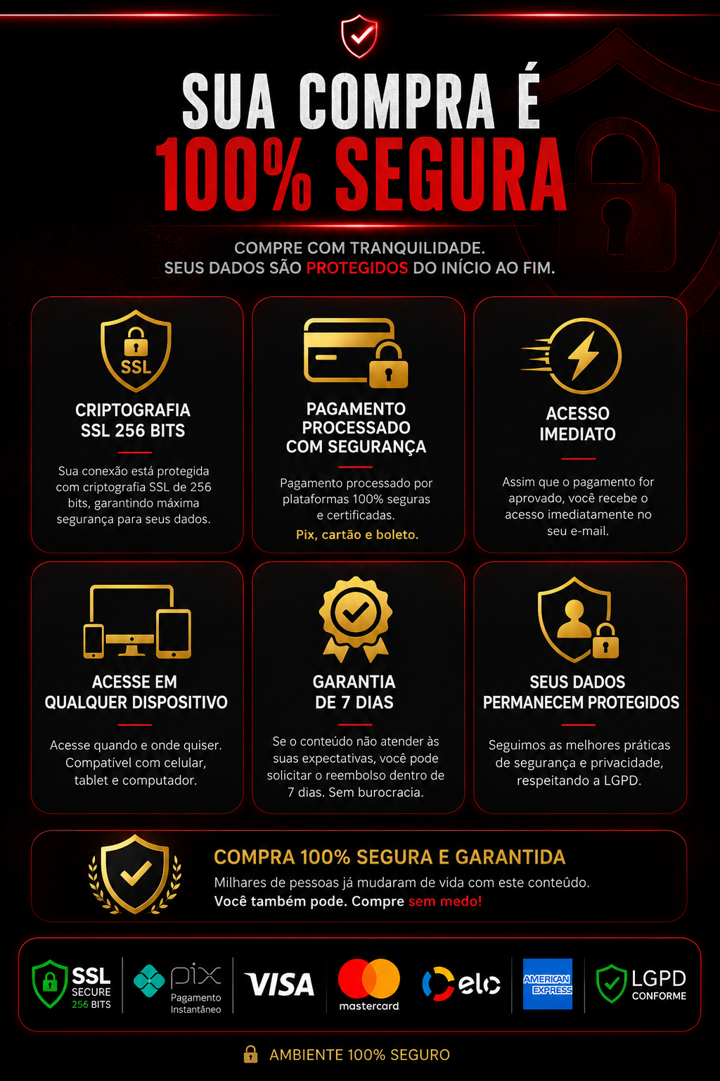 Sua compra é 100% segura — SSL 256 bits, pagamento processado com segurança, acesso imediato, LGPD e garantia de 7 dias
