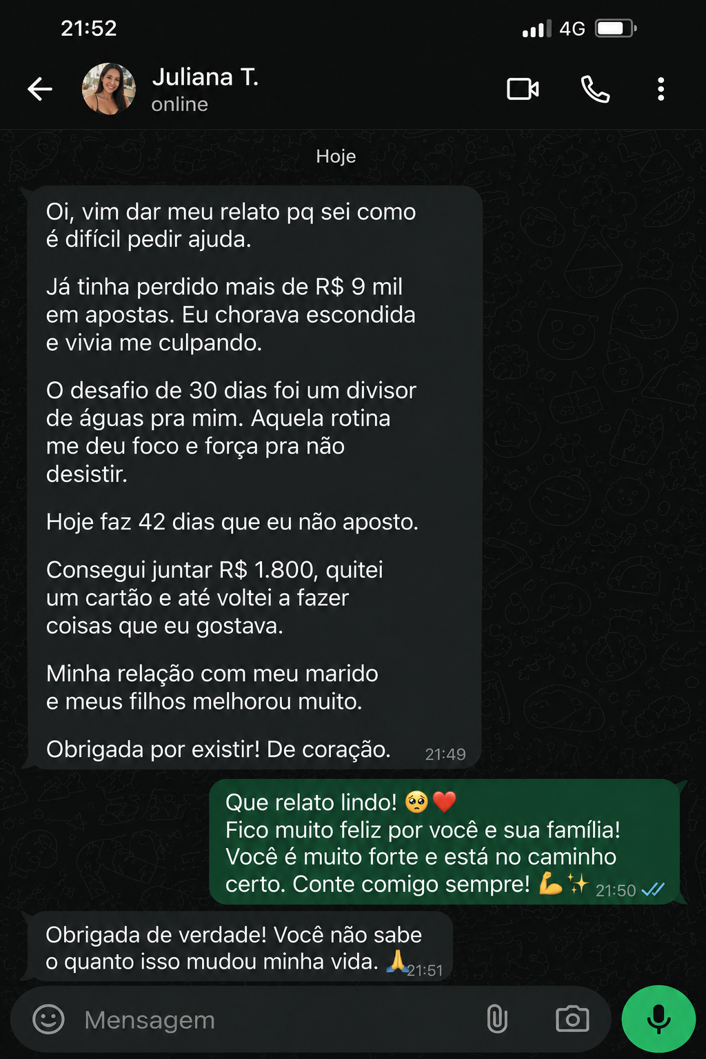 Depoimento de Juliana T. via WhatsApp